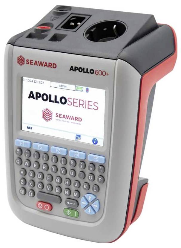 Tragbares Prüfgerät mit der Markenbezeichnung „Seaward Apollo 600+" auf der Anzeigetafel, ausgestattet mit einer Tastatur und Steuertasten.