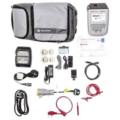 Elektrischer Testkit mit verschiedenen Komponenten einschließlich Kabeln, Steckern, Adaptern, Messinstrumenten und Bedienungsanleitung, angezeigt auf weißem Hintergrund.