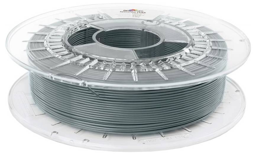 Spule mit graugrünem 3D-Drucker-Filament auf einer transparenten Kunststoffspule.