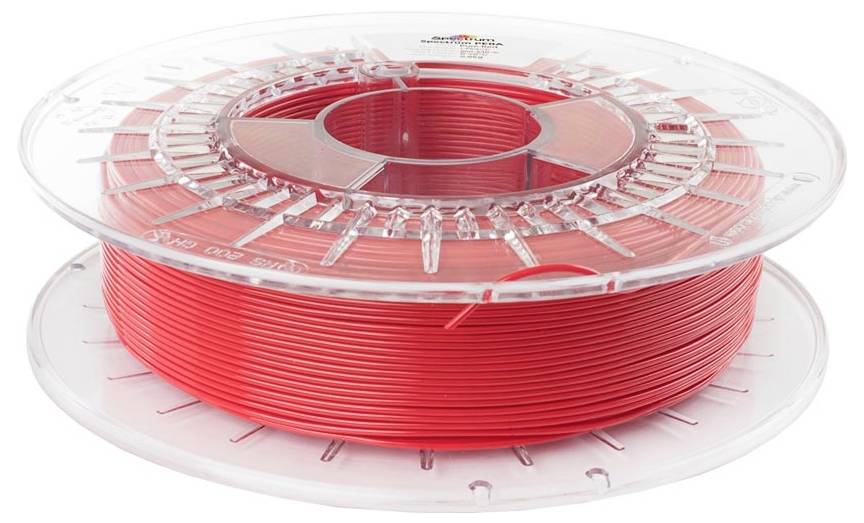 Spule mit rotem 3D-Druckfilament auf einer durchsichtigen Kunststoffspule, isoliert auf weißem Hintergrund.