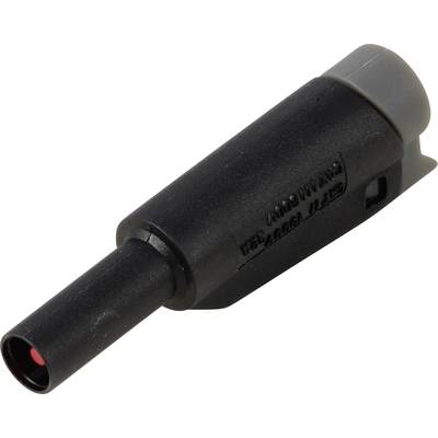 Schwarzer zylindrischer Elektrostecker mit roter Spitze und grauer Endkappe auf weißem Hintergrund.