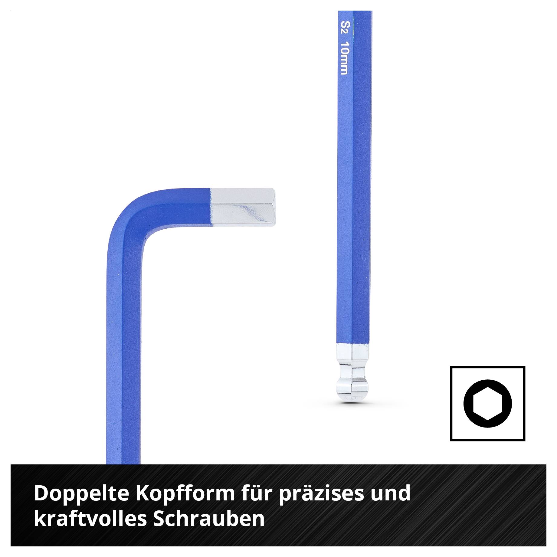 Produktabbildung eines blauen Inbusschlüssels mit Doppelkopf; Text: 'Doppelte Kopfform für präzises und kraftvolles Schrauben'.<br>