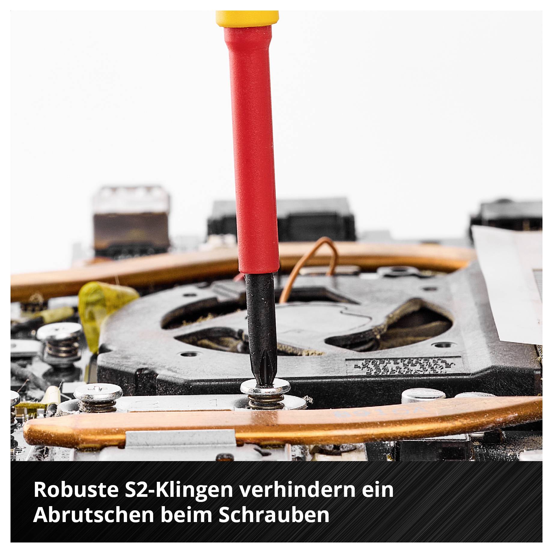 Schraubendreher an einer Elektronikplatine; Text: 'Robuste S2-Klingen verhindern ein Abrutschen beim Schrauben'<br>