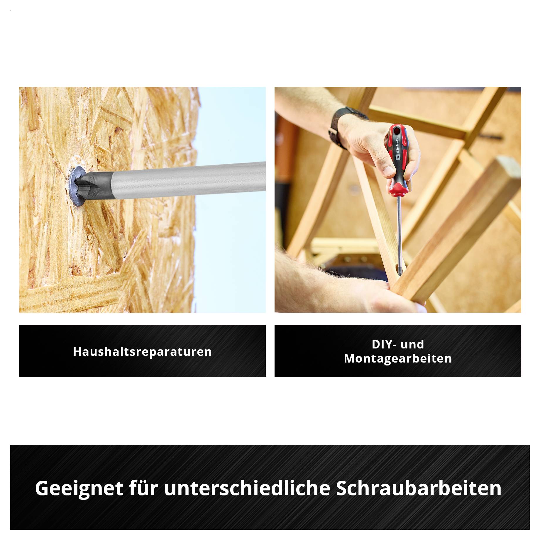 Werbegrafik mit Schraubendreher: links Schraube im Holz, rechts Montagearbeit; Text: 'Haushaltsreparaturen', 'DIY- und Montagearbeiten', 'Geeignet für unterschiedliche Schraubarbeiten'.