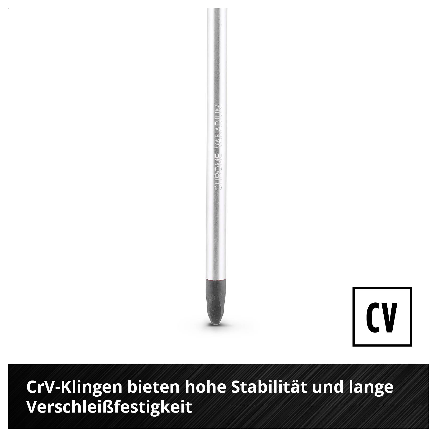 Silberner CrV-Pinsel mit schwarzer Spitze; Text: 'CrV-Klingen bieten hohe Stabilität und lange Verschleißfestigkeit' sowie 'CV' in einem Rahmen.