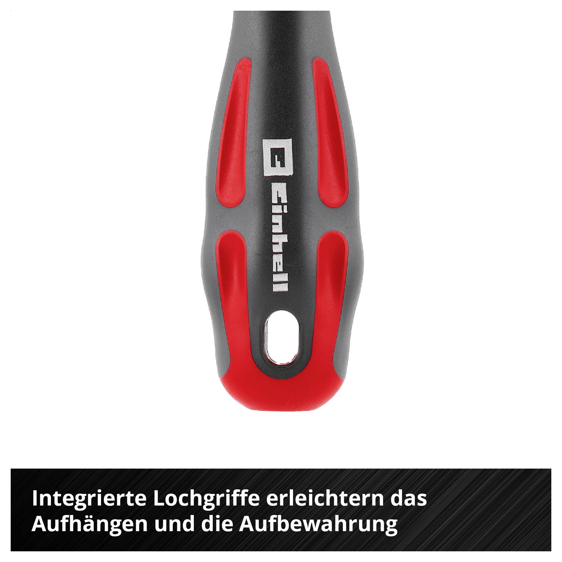 Schwarz-rote Griffzone mit integrierter Lochöffnung; Text: 'Integrierte Lochgriffe erleichtern das Aufhängen und die Aufbewahrung'<br>