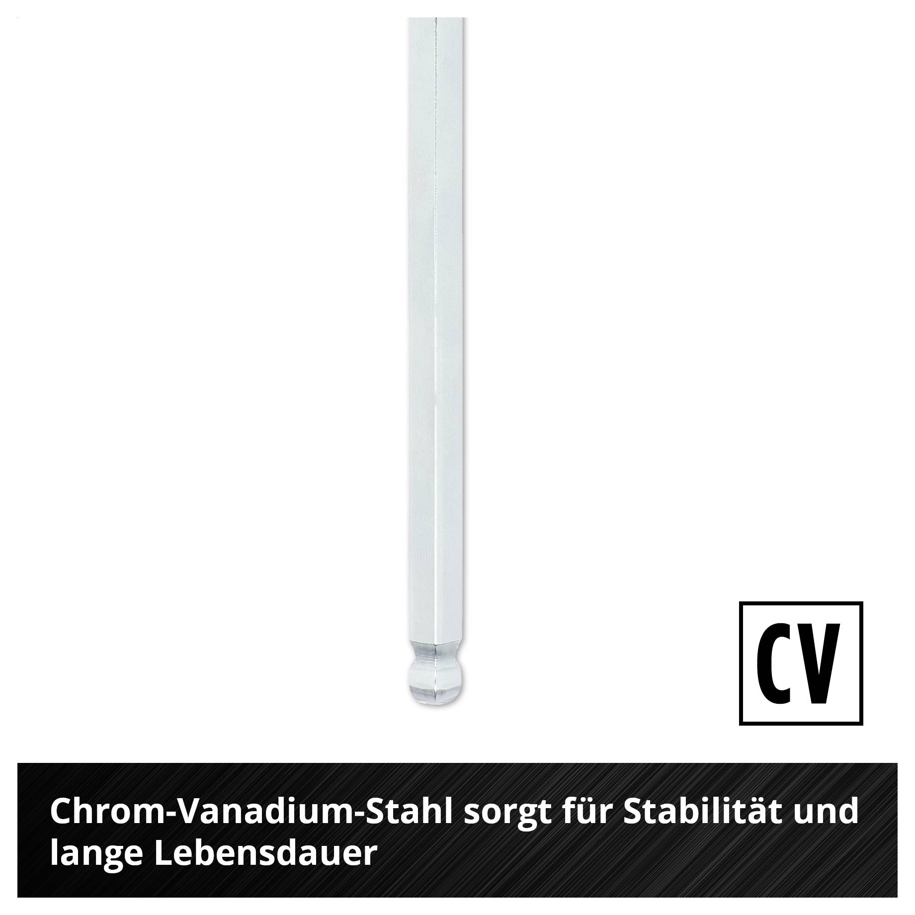 Weiße Schraubendreherklinge aus Chrom-Vanadium-Stahl; Text: 'Chrom-Vanadium-Stahl sorgt für Stabilität und lange Lebensdauer' und 'CV' im Logo.<br>
