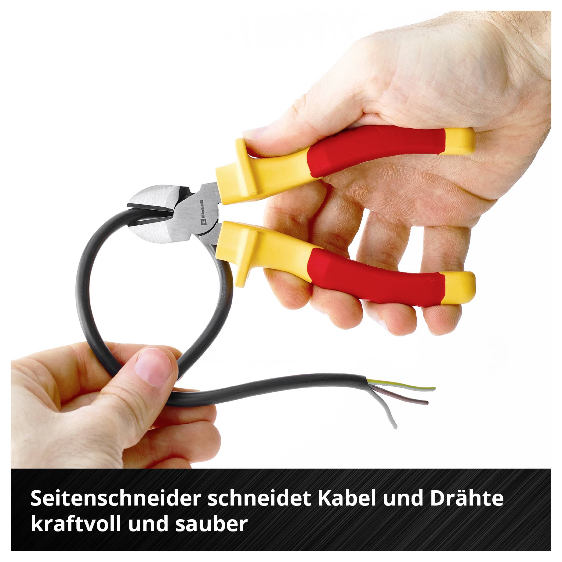 Hand schneidet mit Seitenschneider ein Kabel; unten steht: 'Seitenschneider schneidet Kabel und Drähte kraftvoll und sauber'.<br>