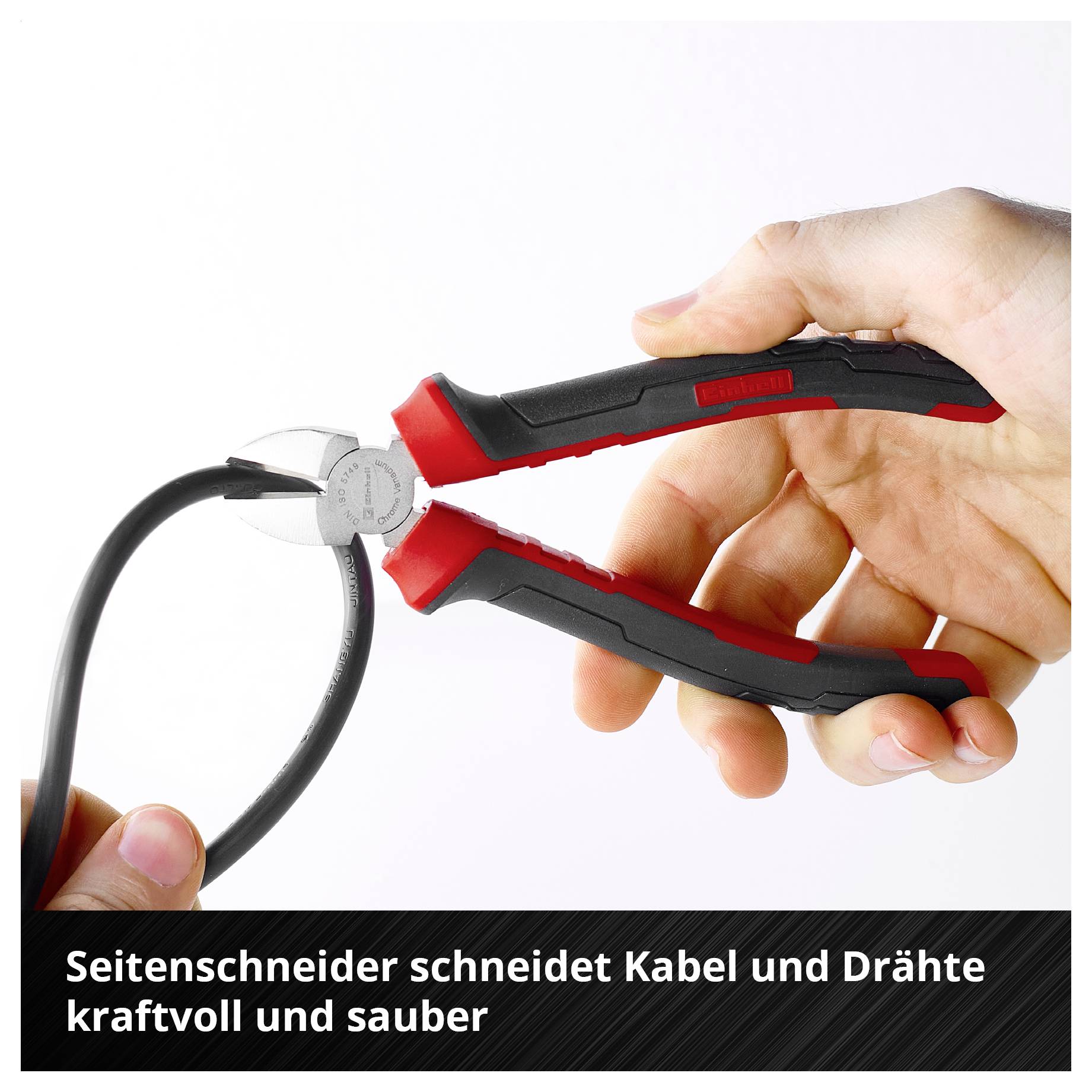 Infografik zum Vergleich von Zangen: Universalzange, Schneidzange, Rundbeizzange und Gebogene Beizzange, mit Anwendungen und Material aus Chrom-Vanadium-Stahl.