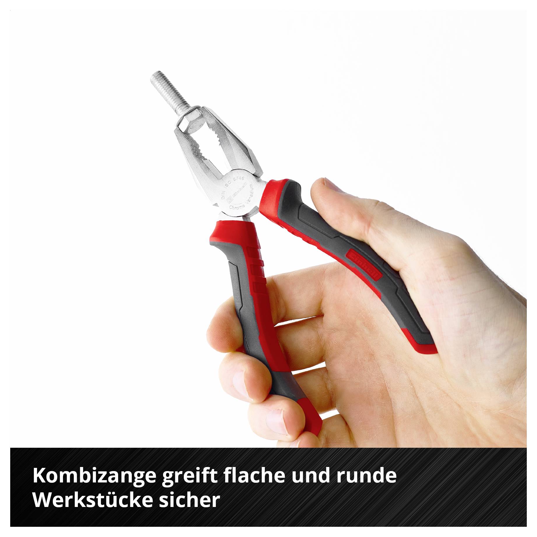 Hand hält eine Kombizange; Text unten: 'Kombizange greift flache und runde Werkstücke sicher'<br>
