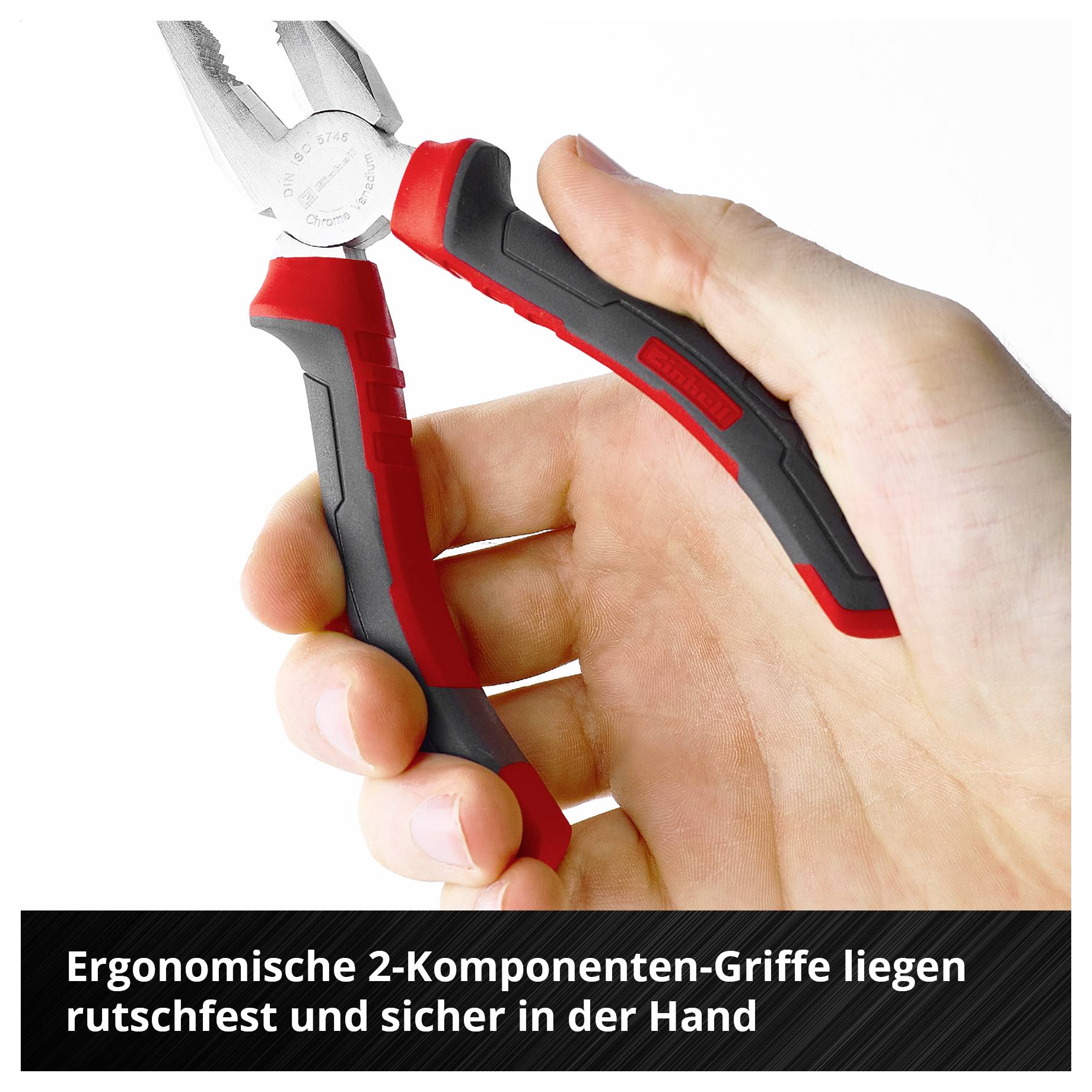 Nahaufnahme von rot-schwarzer Rundzange, die in einer Hand gehalten wird, mit dem Text: „Rundzange mit gekrümmten Backen, ideal zum Biegen von Draht, Schleifen oder Ringen"