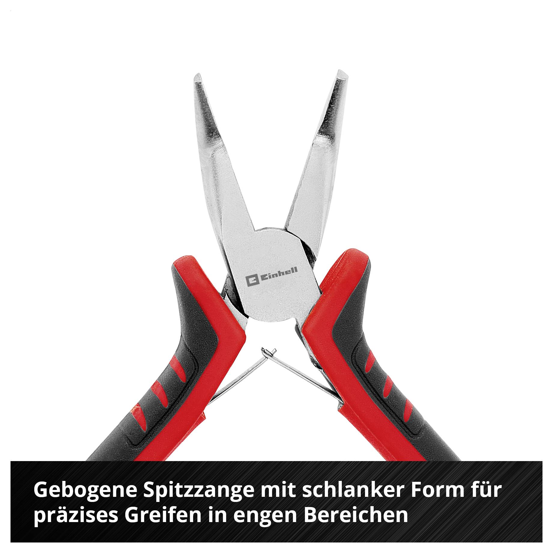 Hand, die eine Zange mit ergonomischen rot-schwarzen Griffen hält; Text: „Ergonomische zweiteilige Griffe bieten einen sicheren und rutschfesten Griff"