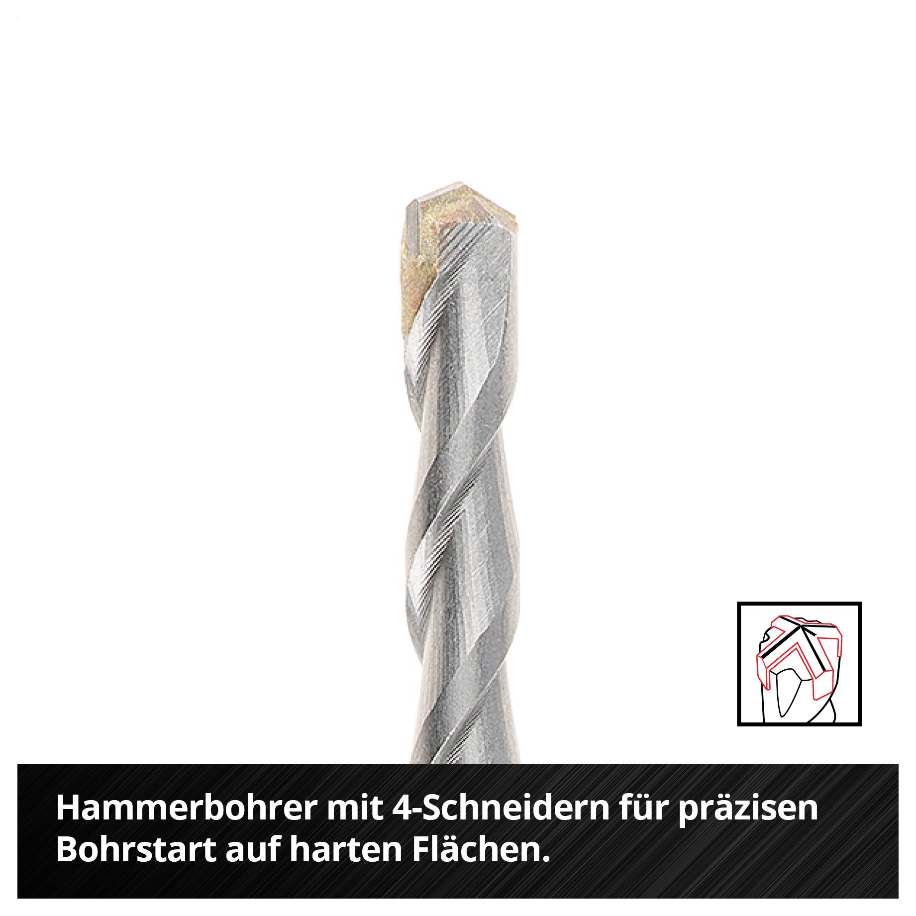 Abbildung eines Hammerbohrers mit 4 Schneidern; Text: 'Hammerbohrer mit 4-Schneidern für präzisen Bohrstart auf harten Flächen.'<br>