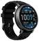 Eine runde digitale Smartwatch mit Zeitanzeige, Datum, Schrittanzahl, Herzfrequenz und Wetterbericht. Verfügt über ein schwarzes Armband und eine multifunktionale Benutzeroberfläche.