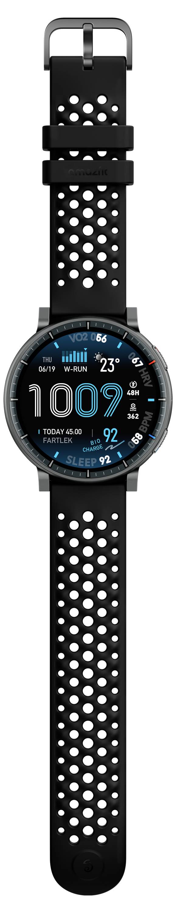 Eine schwarze Smartwatch mit atmungsaktivem Armband, die die Zeit "10:07" und das Datum "23" mit einem Herzfrequenzsymbol anzeigt.