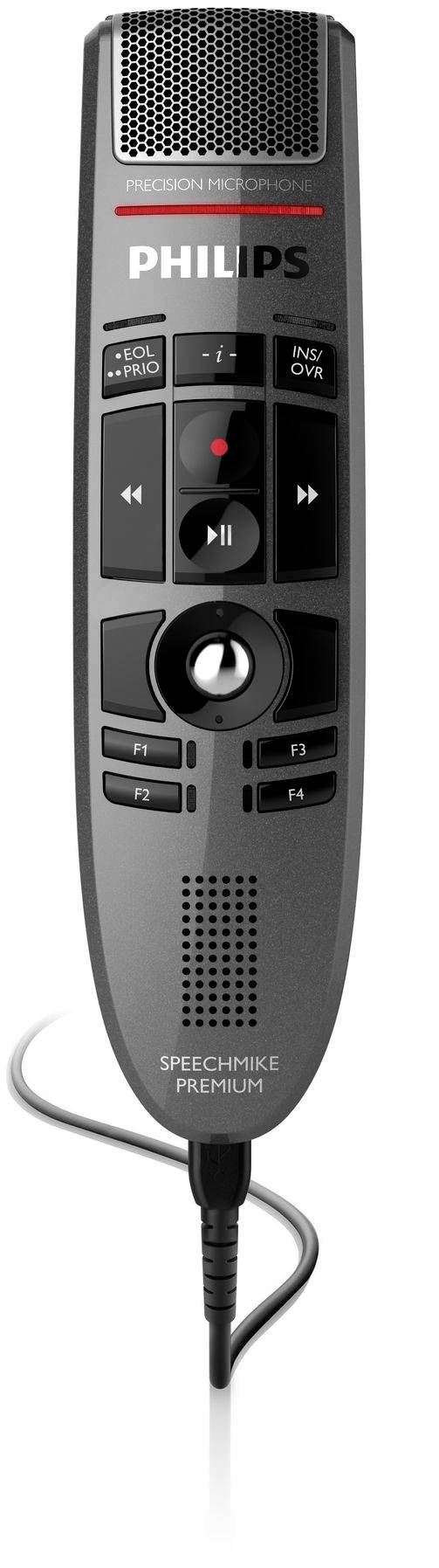 Philips SpeechMike Premium tragbares Diktiermikrofon mit Wiedergabe- und Navigationstasten und verbundenem Kabel.