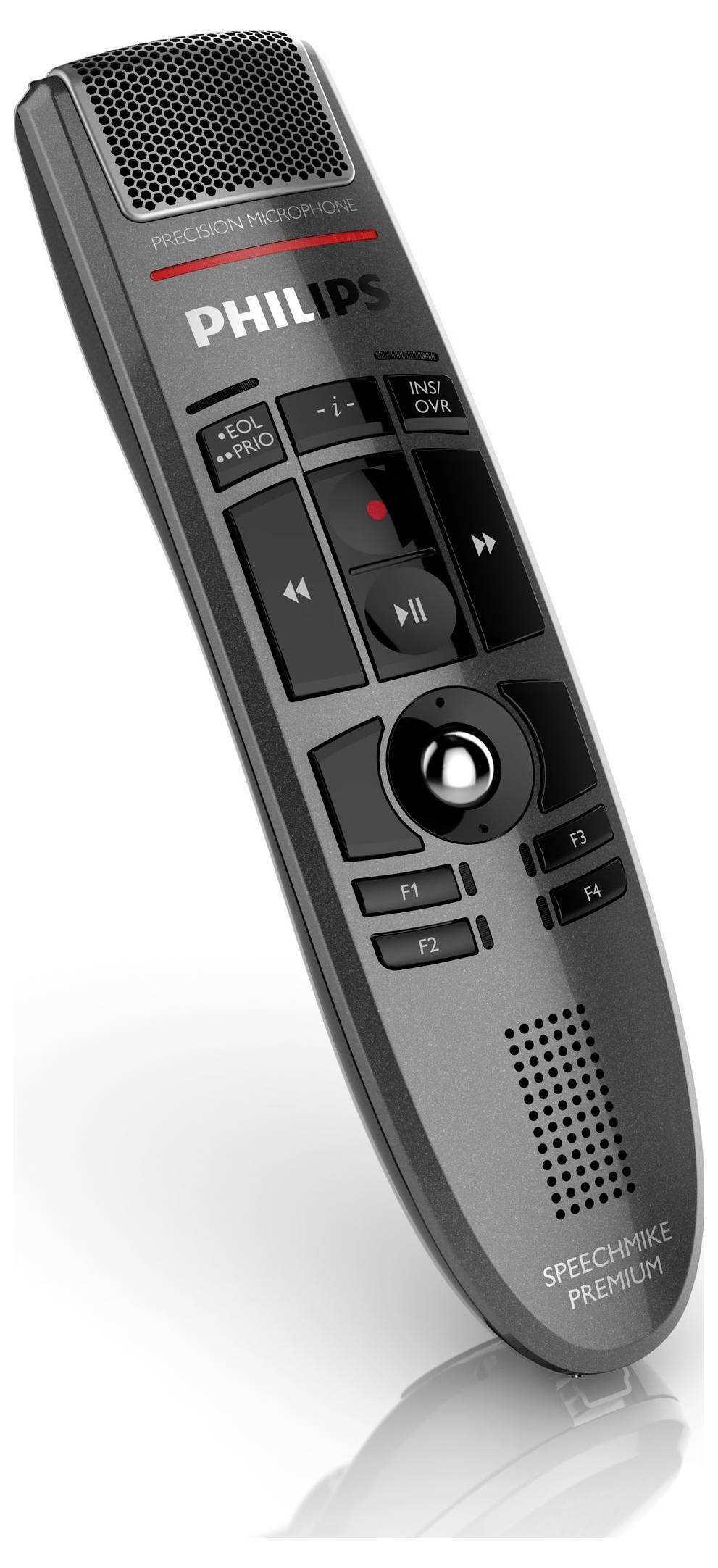 Philips SpeechMike Premier tragbares DiktierMikrofon mit integrierten Bedienlementen und Sprechergitter, shown auf weißem Hintergrund.