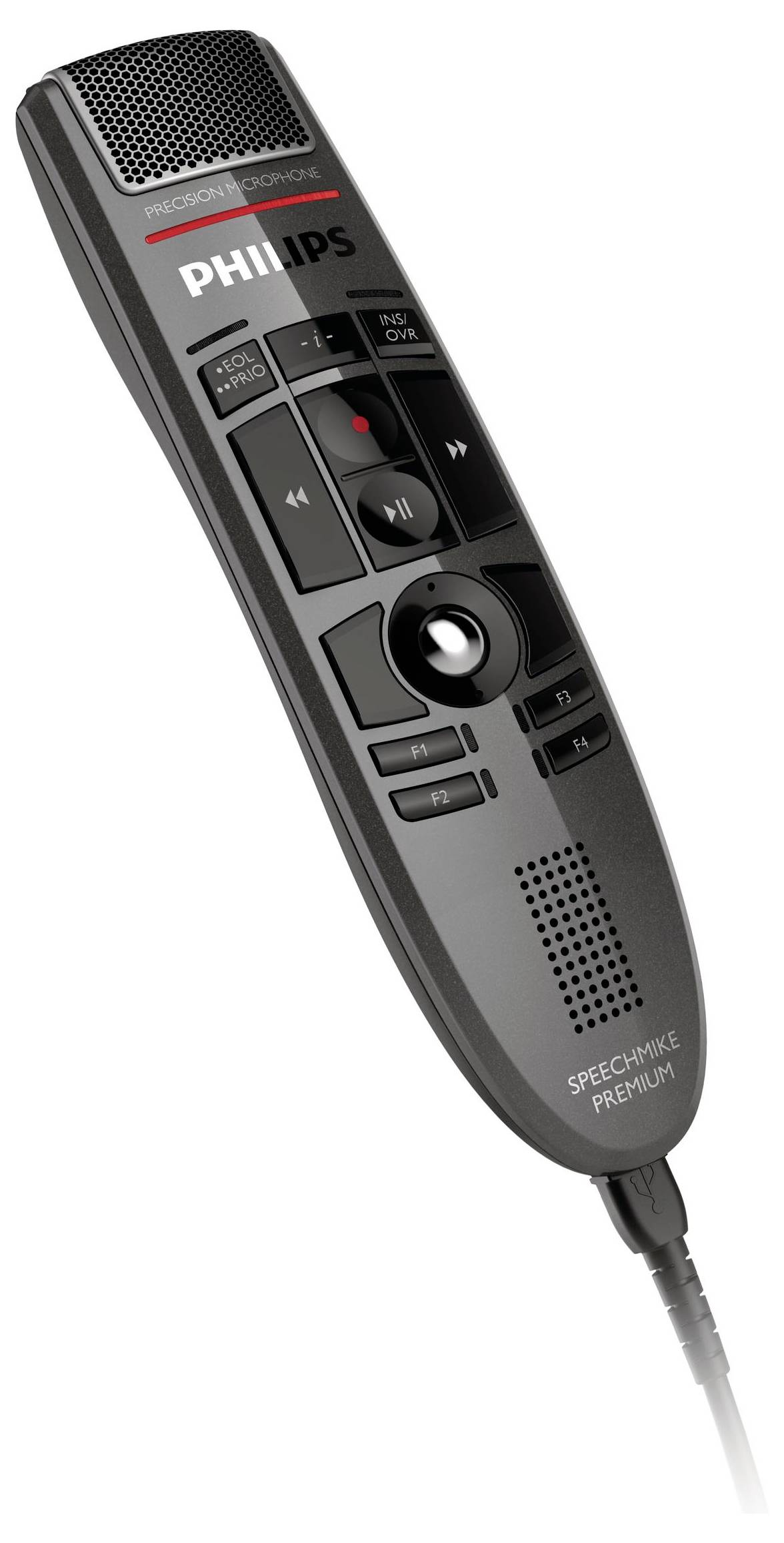 Philips tragbarer Sprachrekorder mit Lautsprechergitter, Steuertasten und angebrachtem Kabel auf weißem Hintergrund.