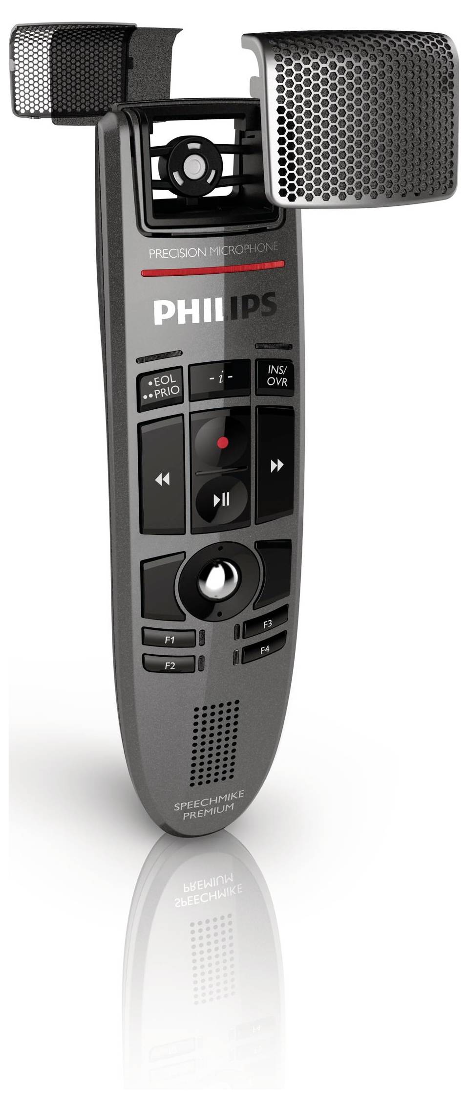 Philips digitaler Sprachrekorder mit integrierten Stereo-Mikrofonen und Wiedergabereglern, Vorderansicht auf weißem Hintergrund mit Spiegelung dargestellt.