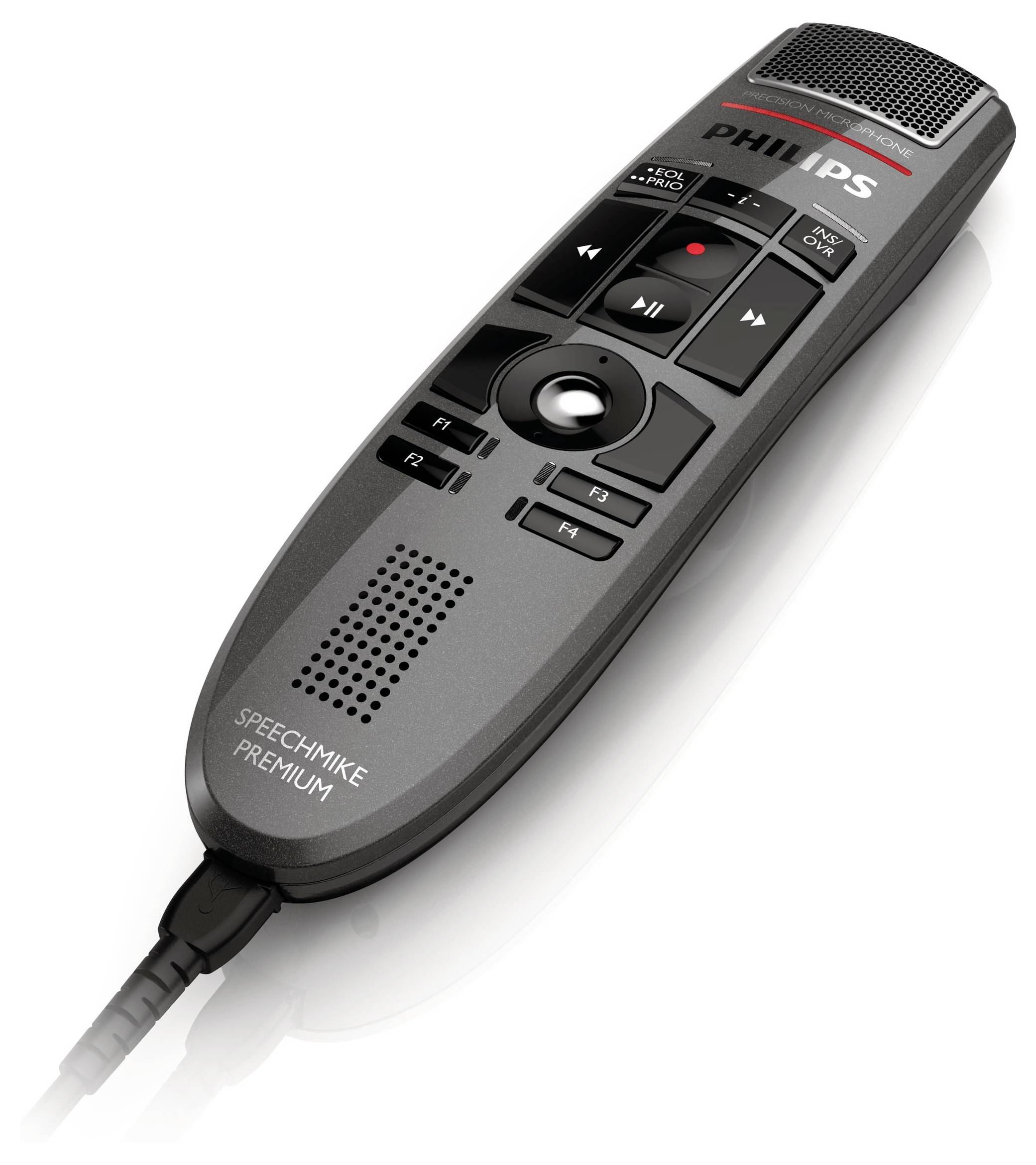 Philips SpeechMike Premium tragbares Sprachaufnahmegerät mit Mikrofon, Wiedergabesteuerungen und programmierbaren Funktionstasten auf einem Kabel.