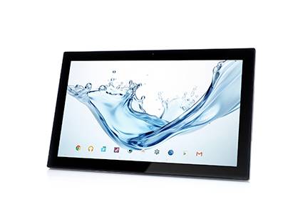 Schwarzes Tablet mit blauem Wasser-Spritz-Hintergrundbild auf weißem Hintergrund, mit kleinen App-Symbolen am unteren Bildschirmrand.