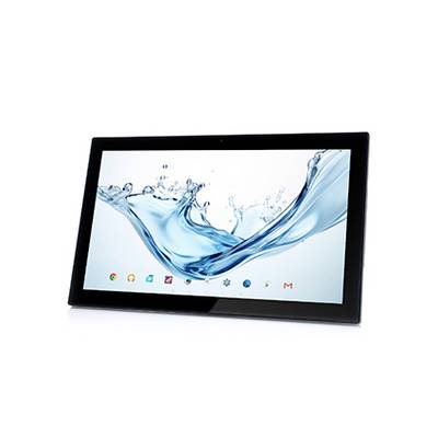 Schwarzes Tablet mit blauem Wasser-Spritz-Hintergrundbild auf weißem Hintergrund, mit kleinen App-Symbolen am unteren Bildschirmrand.