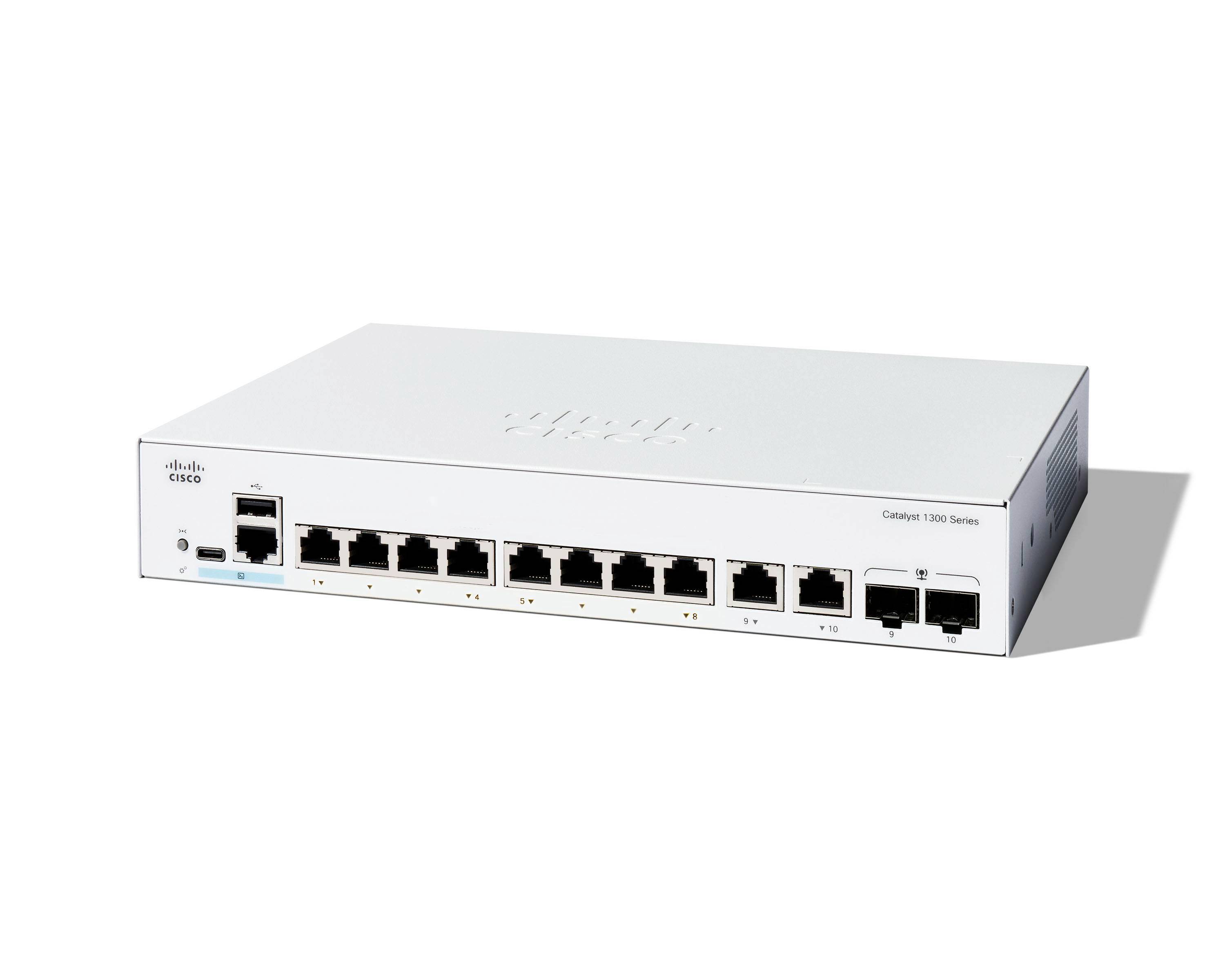 Ein weißer Netzwerk-Switch mit mehreren Ethernet-Ports und kleinen LED-Indikatoren, Teil der Cisco Catalyst 1000 Serie.