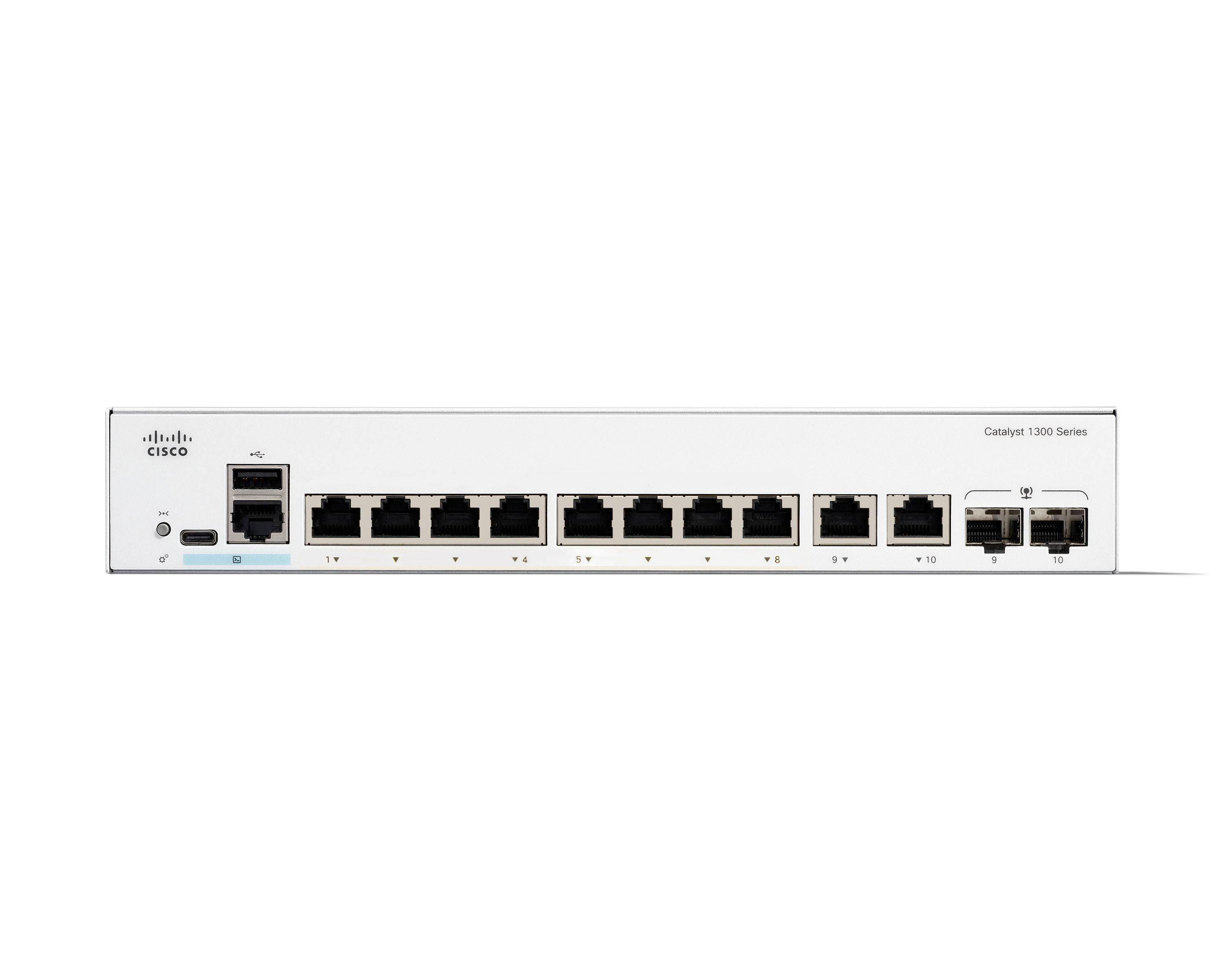 Cisco Catalyst 1000 Series Switch mit acht Ethernet-Anschlüssen und zwei SFP-Uplink-Anschlüssen, geeignet für Netzwerkverbindungen in kleinen Unternehmen.