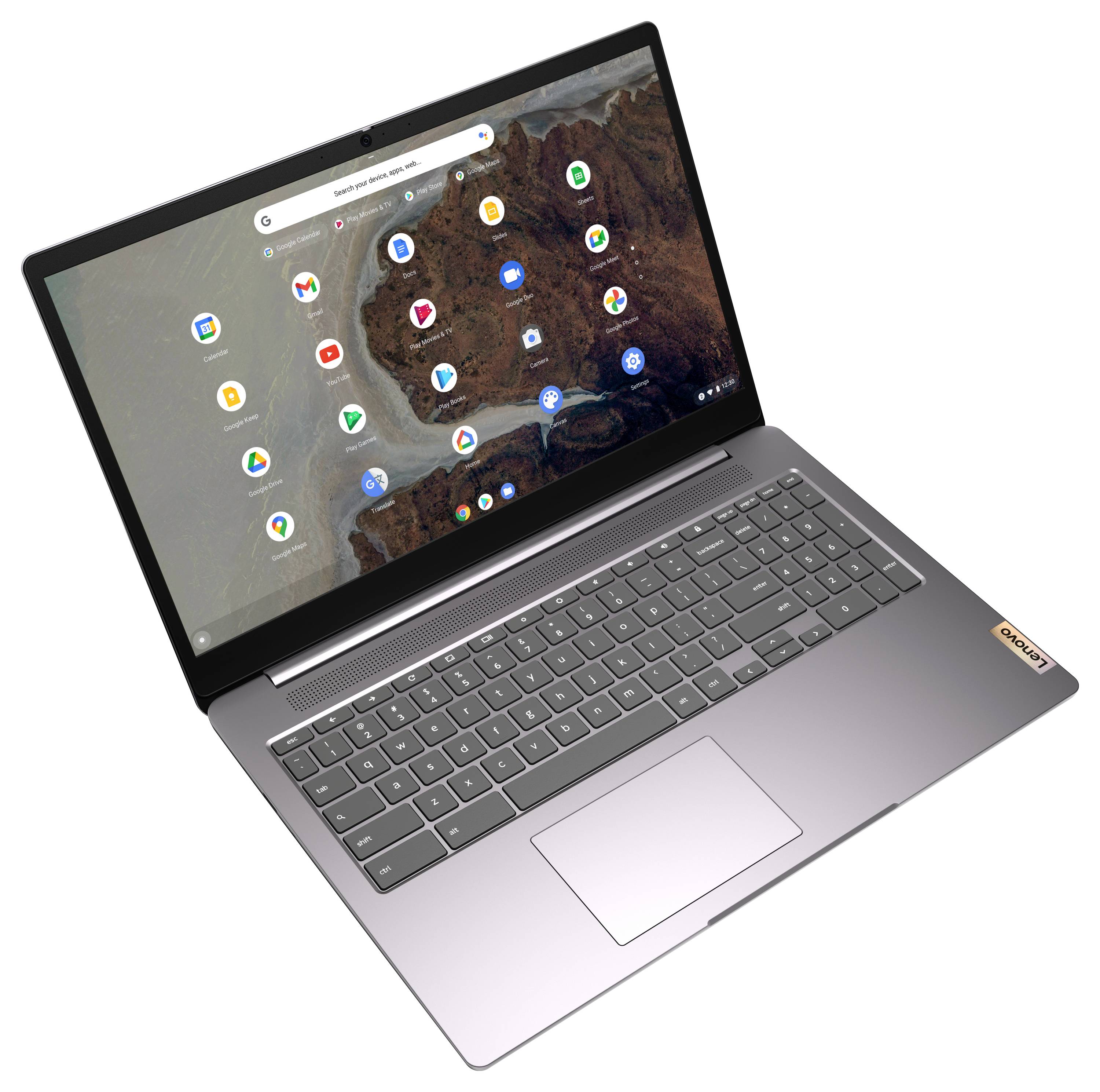 Ein Laptop mit verschiedenen App-Symbolen auf dem Bildschirm, einschließlich Google-Apps. Das Gerät ist silberfarben mit vollständiger Tastatur und Touchpad.