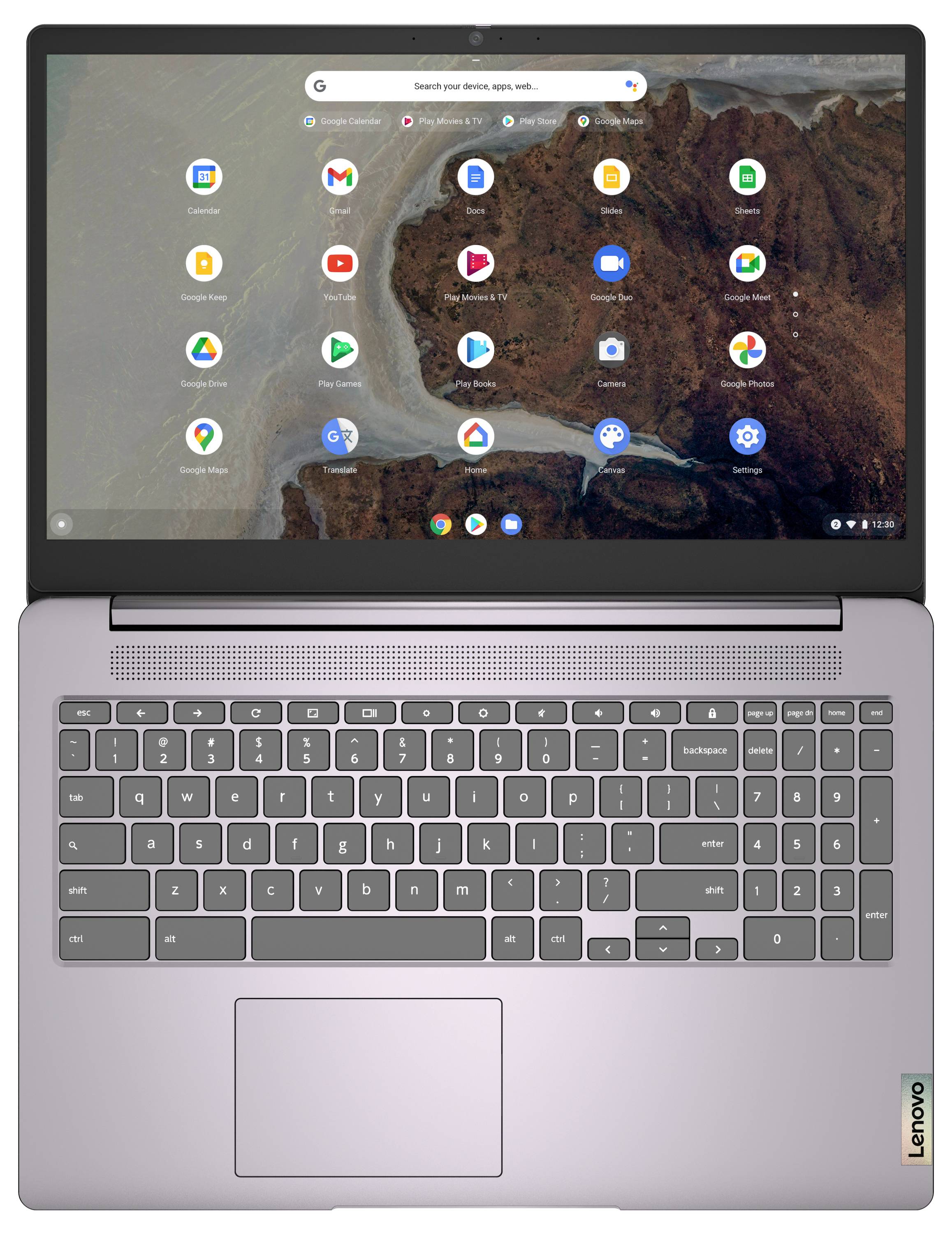 Ein Laptop zeigt einen Chrome OS Startbildschirm mit App-Symbolen und einem naturthematischen Hintergrundbild an. Das "Lenovo"-Logo ist auf dem Gerät sichtbar.