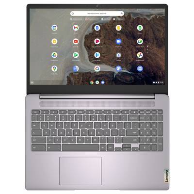 Ein Laptop zeigt einen Chrome OS Startbildschirm mit App-Symbolen und einem naturthematischen Hintergrundbild an. Das "Lenovo"-Logo ist auf dem Gerät sichtbar.