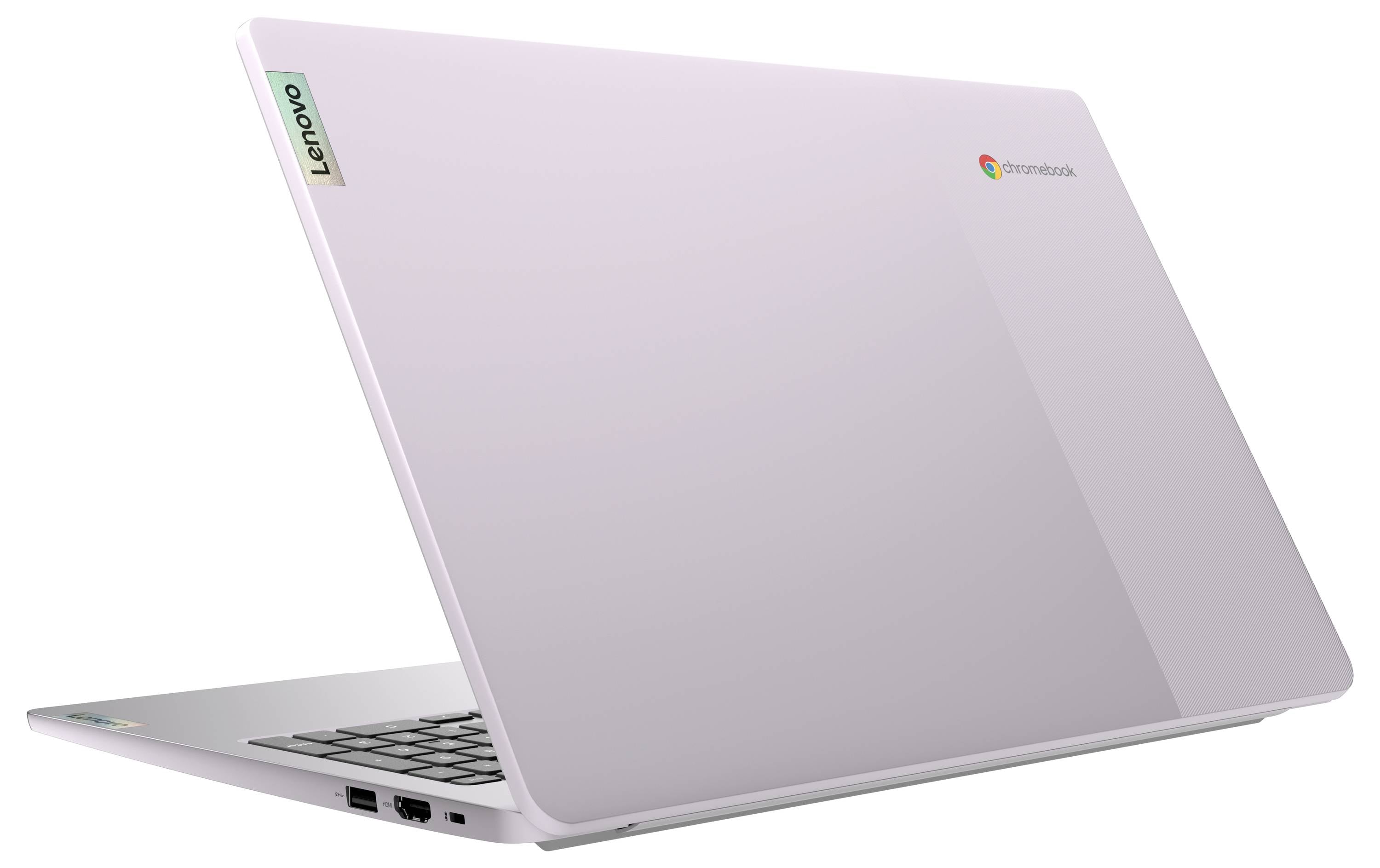 Ein weißes Lenovo Chromebook mit teilweise geöffnetem Deckel, das ein elegantes Design zeigt. Das Chromebook-Logo ist in der oberen rechten Ecke sichtbar.