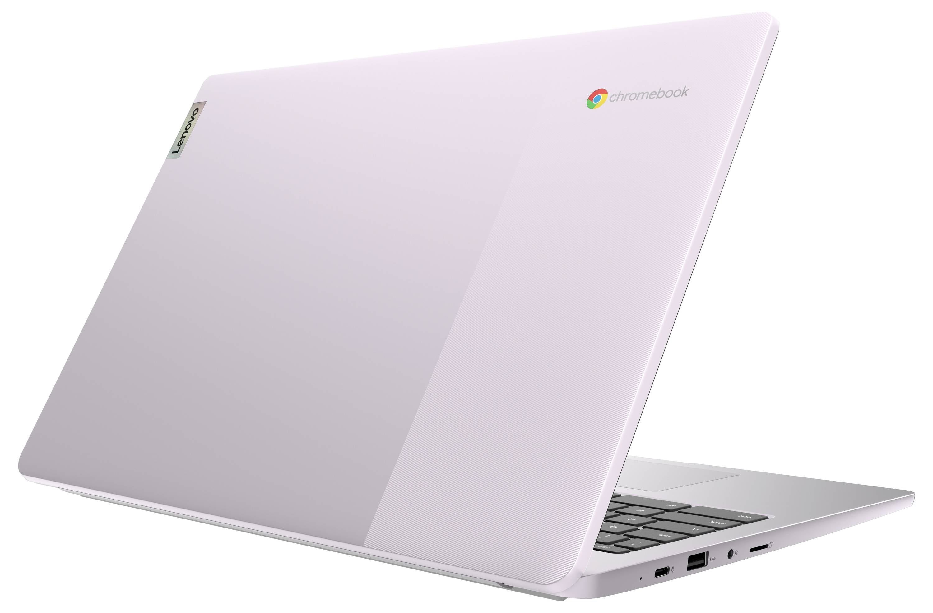 Ein elegantes, hellfarben Chromebook-Laptop, von hinten betrachtet, mit dem Chromebook-Logo auf dem Deckel, leicht nach rechts geneigt.
