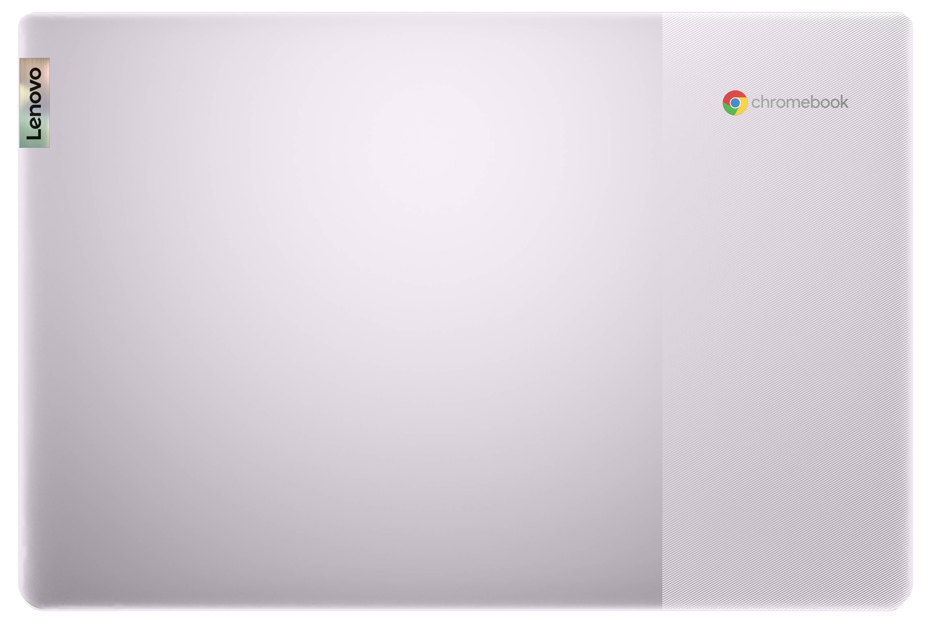 'Silbernes Chromebook mit Lenovo-Logo an der Seite und einem mehrfarbigen Chromebook-Logo in der oberen rechten Ecke.'