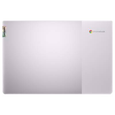 'Silbernes Chromebook mit Lenovo-Logo an der Seite und einem mehrfarbigen Chromebook-Logo in der oberen rechten Ecke.'