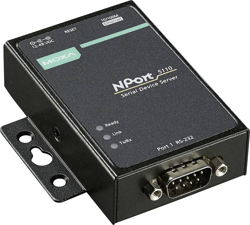 Black Moxa NPort 5110 Seriell-Geräteserver mit RS-232-Anschluss, Statusleuchten und Befestigungshalterung.