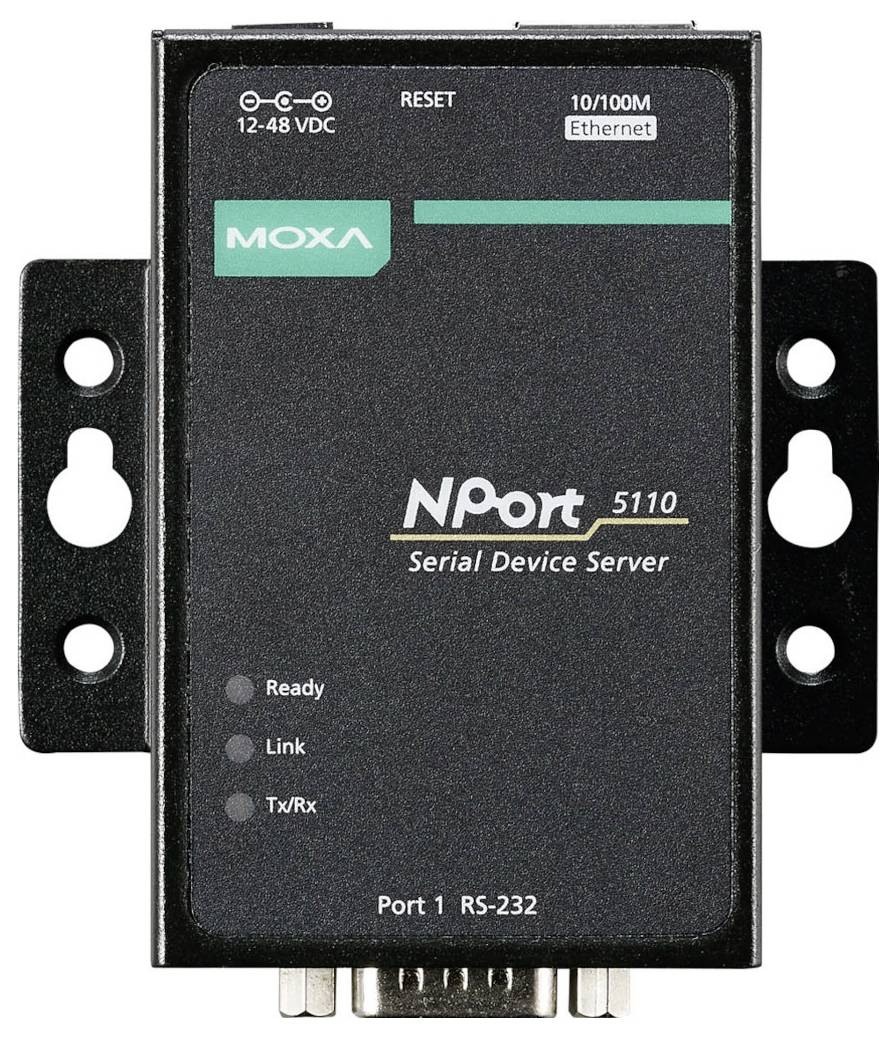 MOXA NPort 5110 Serielles Geräteserver mit 12-48 VDC und 10/100M Ethernet Beschriftungen, zeigt Port 1 RS-232.