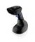 Ein schwarzer tragbarer Barcode-Scanner auf einem Ständer; der blaue Auslöser ist sichtbar. Der Markenname „Datalogic" ist auf der Basis aufgedruckt.