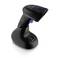 Ein schwarzer tragbarer Barcode-Scanner auf einem Ständer vor weißem Hintergrund, der seine Größe und ergonomisches Design zeigt.
