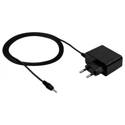 Ein schwarzer Stromadapter mit europäischem Stecker und einem langen Kabel, das in einem kleinen Hohlstecker endet und für elektronische Geräte konzipiert ist.