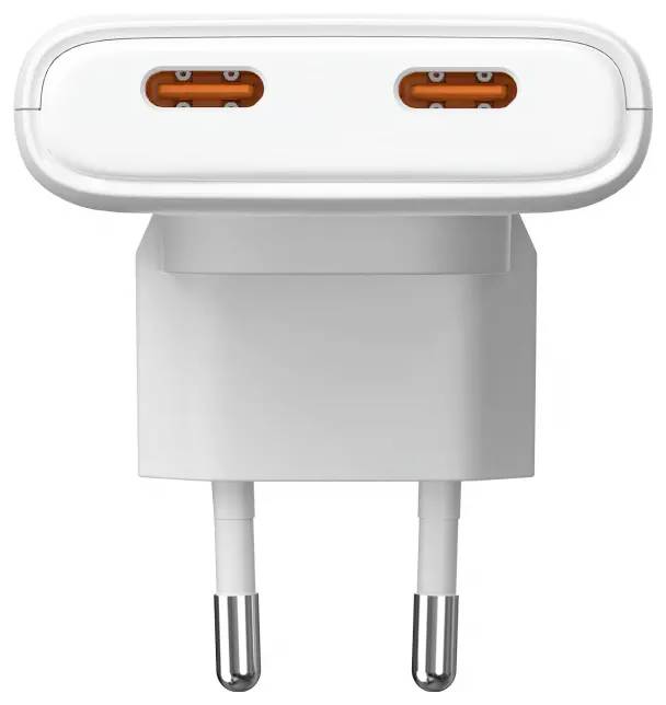 Ein Dual-Port-USB-Wandladegerät mit zwei orangefarbenen USB-C-Anschlüssen, entwickelt für effizientes Laden, mit einem eleganten weißen Gehäuse und europäischem Stecker.
