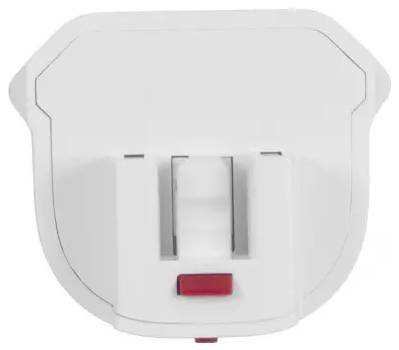 Ein weißer Kunststoff-Staubsaugeradapter mit einem roten Freigabeknopf in der Mitte der Basis, entwickelt für einfaches Abnehmen.