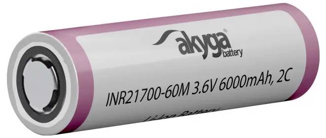 Ein zylindrischer Lithium-Ionen-Akku mit der Bezeichnung „akyga battery INR21700-60M 3,6V 6000mAh, 2C".