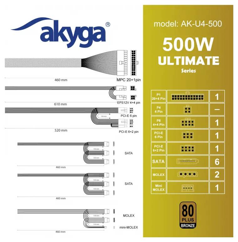 „akyga Modell: AK-U4-500 500W ULTIMATE Serie". Das Diagramm zeigt Kabeltypen, Längen und Anschlüsse: MPC, EPS12V, PCI-E, SATA, MOLEX. 80 PLUS Bronze zertifiziert.