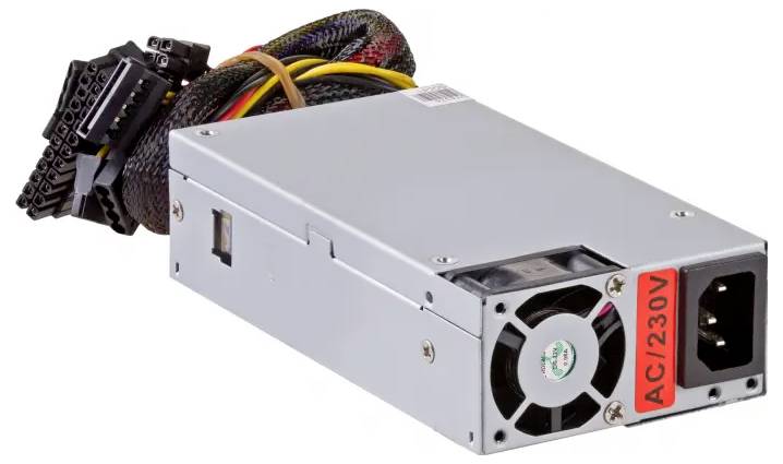 Eine silberfarbene Computer-Stromversorgungseinheit mit einem Lüfter, beschriftet mit „AC/230V", und mehreren angebrachten farbigen Kabeln und Steckverbindern.