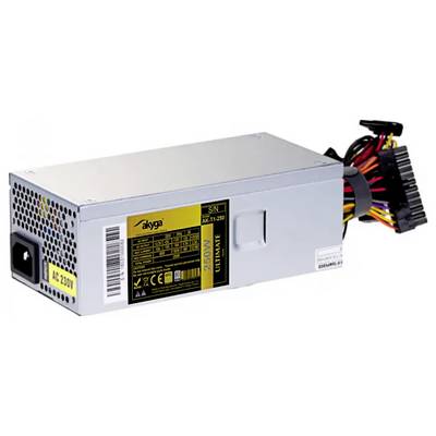 Akyga-Netzteil, Modell AK-T11-250, 250W, silbernes Gehäuse, mehrfarbige Kabel für PC-Konnektivität, AC-Eingang 230V.