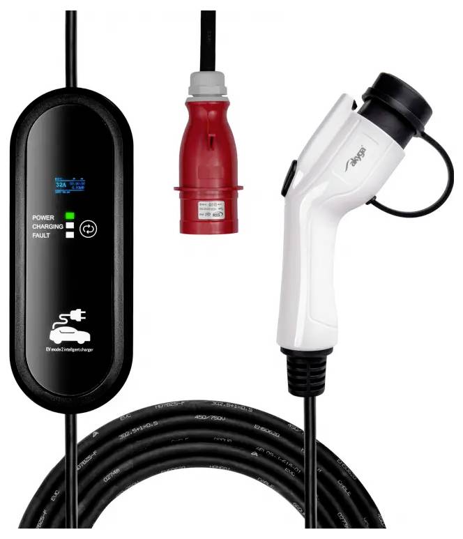 Ein Ladekabelsatz für Elektrofahrzeuge mit einer schwarzen Steuerbox mit den Anzeigen "Power", "Charging" und "Fault", einem weißen Ladestecker und einem roten Stromstecker mit aufgewickeltem Kabel.