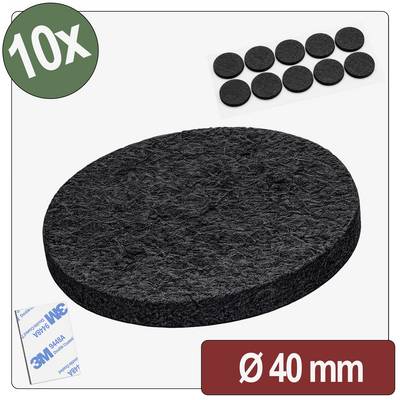 Eine Packung mit zehn runden schwarzen Filzunterlagen, jeweils 40 mm Durchmesser, mit Klebstoffrückseite, dargestellt in Produktverpackungslayout.