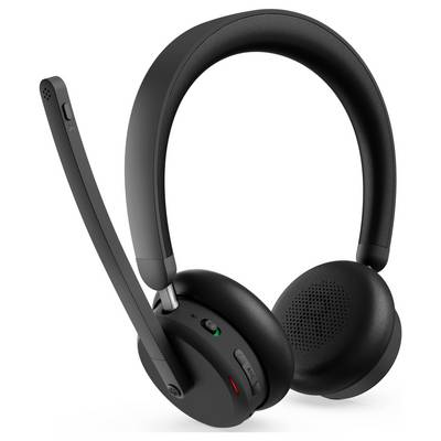 Schwarzes Over-Ear-Wireless-Headset mit Boom-Mikrofon und Bedienelemente am Ohr auf weißem Hintergrund.