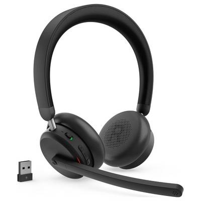Kopfhörer mit gepolsterten schwarzen Ohrmuscheln, flexiblem Boom-Mikrofon und kleinem USB-Dongle für kabellose Verbindung.